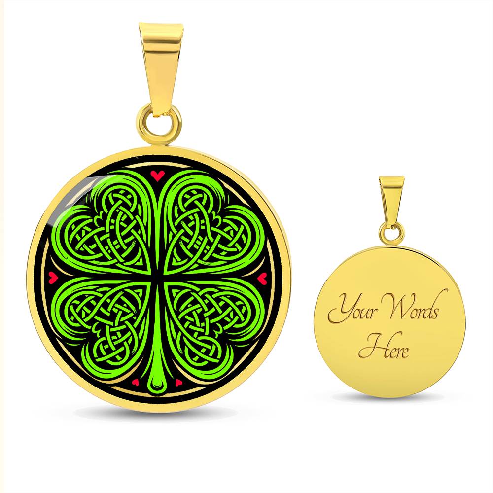 Elegant gold pendant necklace featuring a vivid Celtic four leaf clover with four red & Green hearts, set against a subtle Black & gold backdrop. This jewelry offers personalization with an engraving option for a name.