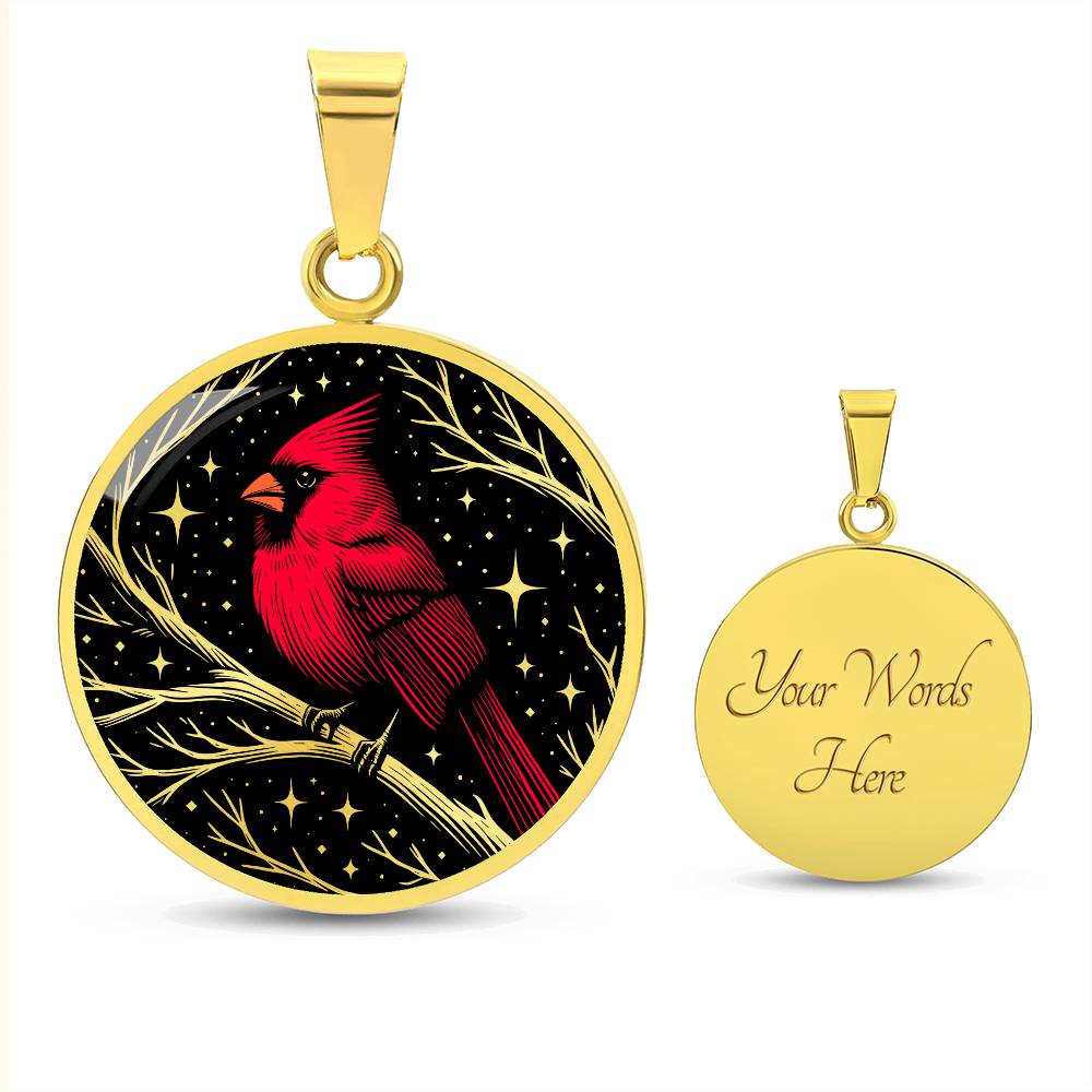 An Elegant gold pendant featuring a vivid Red Northern Cardinal Necklace with Stars and a tree Branch all in a gold and black backdrop. This jewelry offers personalization with an engraving option for a name.