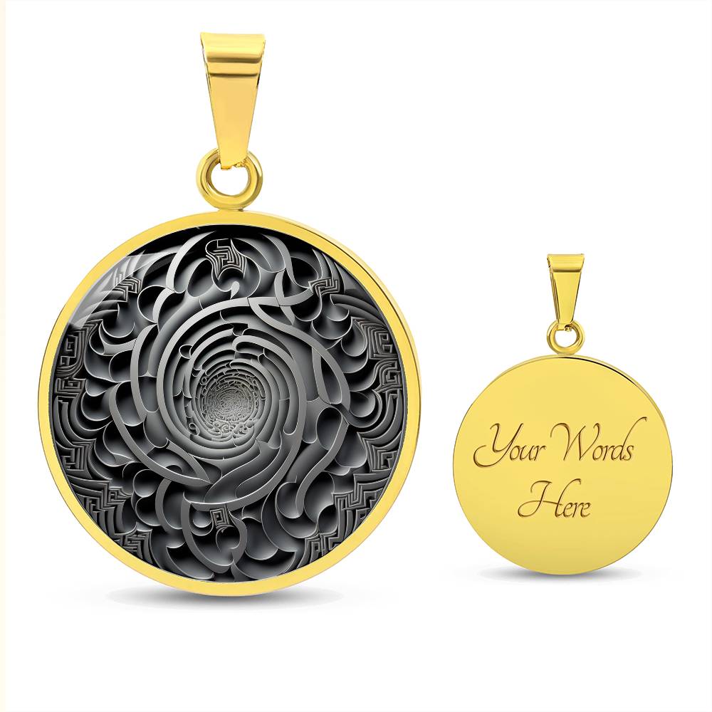 an Elegant gold pendant Maze Victorian necklace. The maze colors are silver and grey. This jewelry offers personalization with an engraving option for a name.