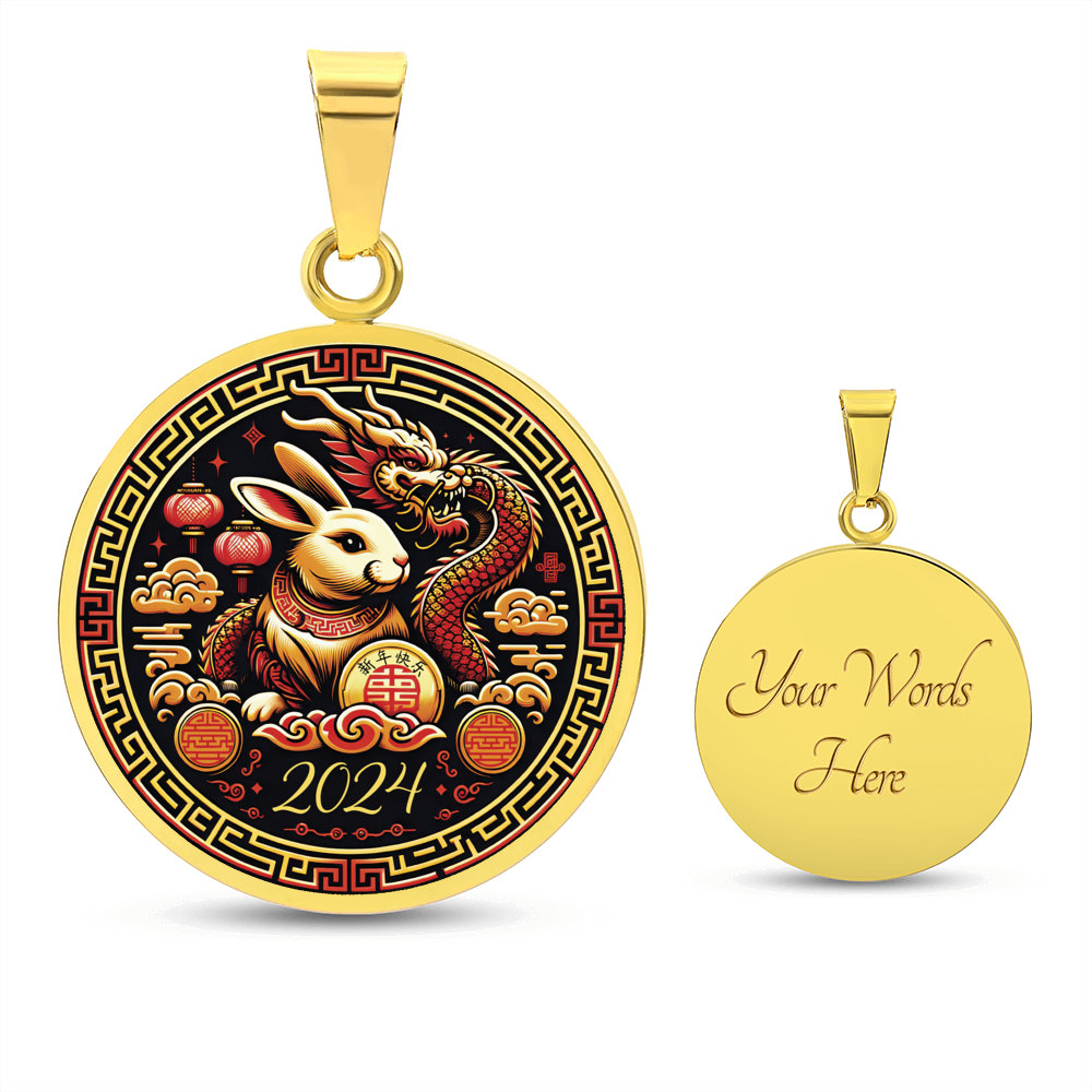An Elegant gold pendant Year of the Rabbit and Year of the Dragon Necklace. The colors are yellow, Red and Black . This jewelry offers personalization with an engraving option for a name.