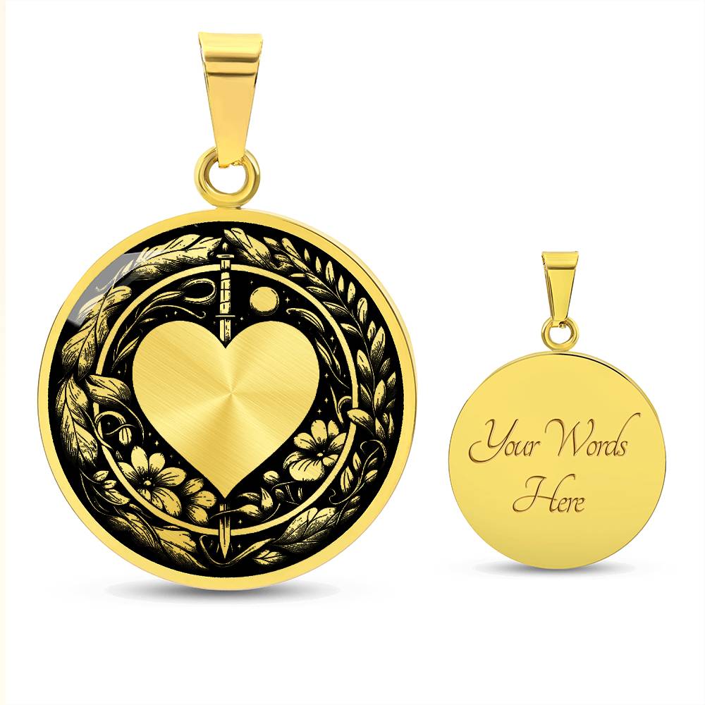 An Elegant gold pendant featuring a Valentines Design with a vivid gold Moonlight Heart Necklace, set against a gold/black backdrop with a sword and flowers. This jewelry offers personalization with an engraving option for a name.