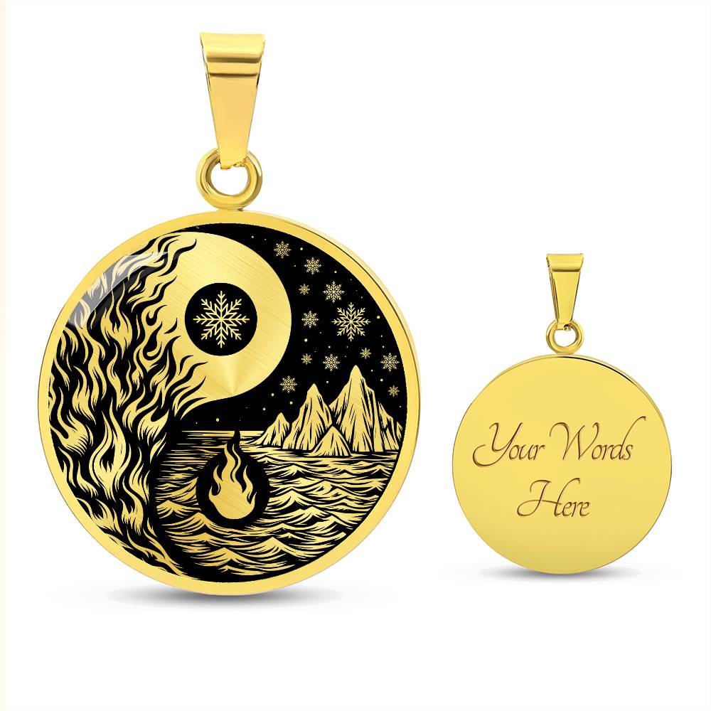 An Elegant gold pendant featuring a vivid Gold Fire, Water, snowflakes and Icebergs. set against a Black backdrop. This jewelry offers personalization with an engraving option for a name.