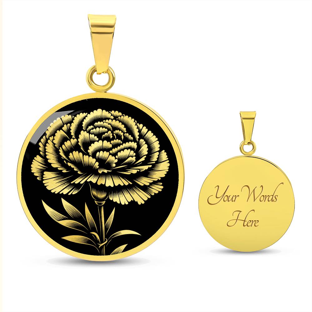 an Elegant January gold pendant Carnation Birth Flower necklace featuring a vivid gold flower, set against a black backdrop. This jewelry offers personalization with an engraving option for a name.