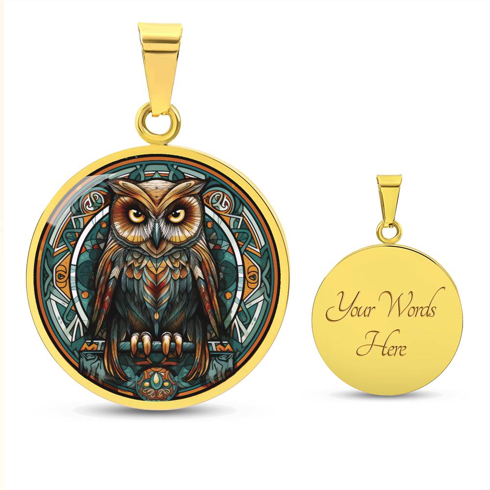 An elegant gold pendant featuring a Celtic Owl Necklace, set against a Green and orange backdrop. This jewelry offers personalization with an engraving option for a name.