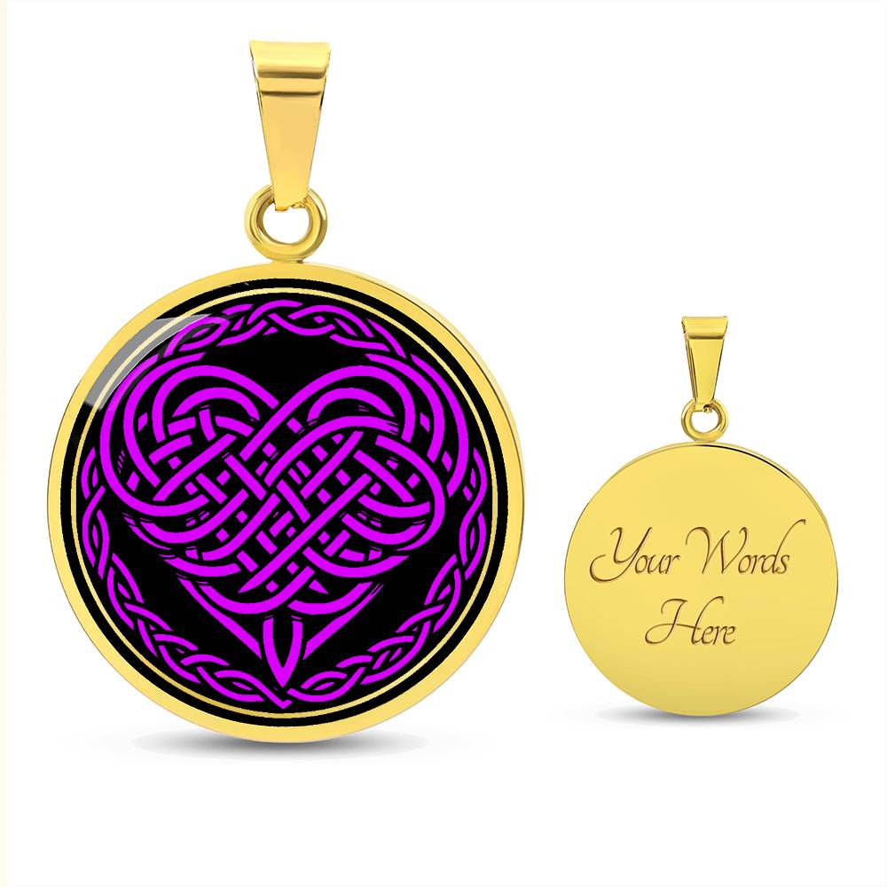 Elegant gold pendant featuring a vivid purple Heart Celtic Necklace set against a Black & Gold backdrop. This jewelry offers personalization with an engraving option for a name.