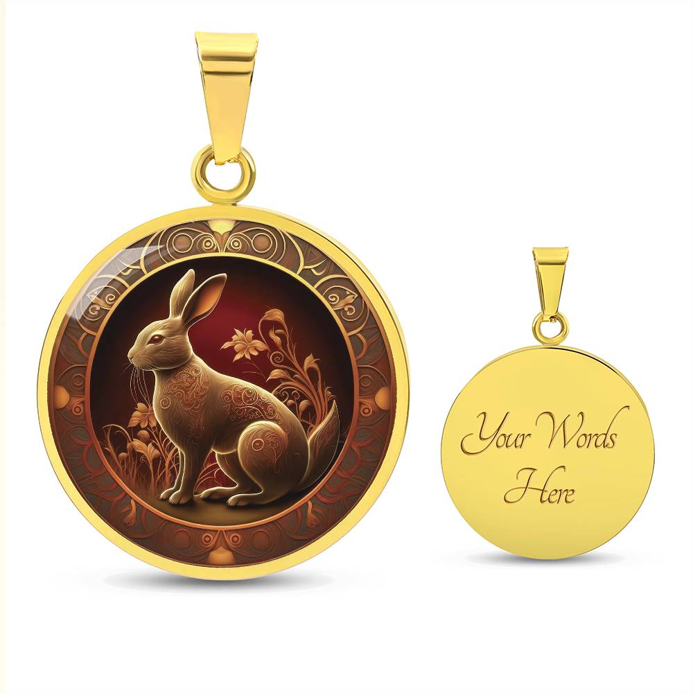 an elegant gold pendant Bunny Rabbit Necklace. The Colors are Red, Yellow and Black. This jewelry offers personalization with an engraving option for a name.