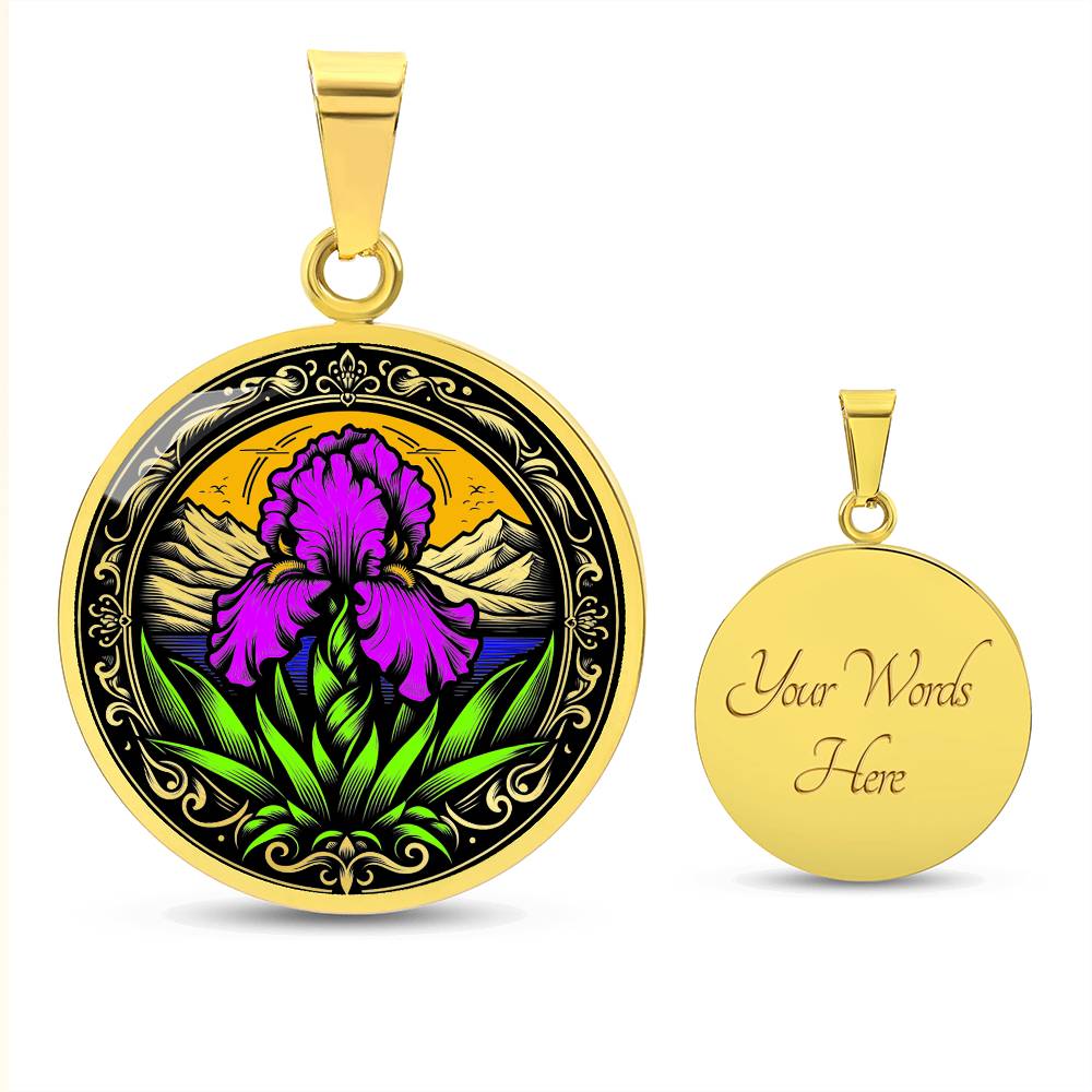 Februarys birth month flower Elegant gold pendant necklace featuring a vivid Purple Iris set against a sunset mountains with a river, the mountains are colored by the metal shinning through. This necklace offers personalization option for a name.