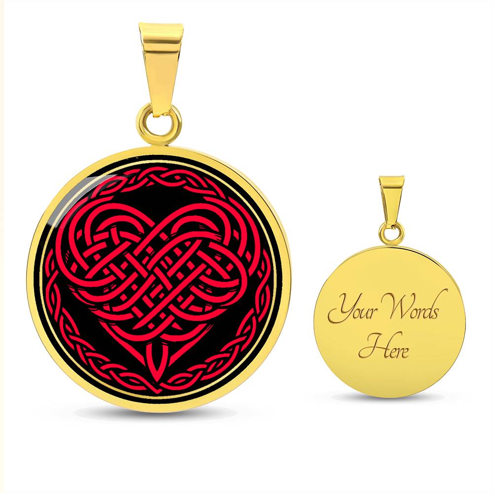 Elegant gold pendant featuring a vivid red Heart Celtic Necklace set against a Black & Gold backdrop. This jewelry offers personalization with an engraving option for a name.