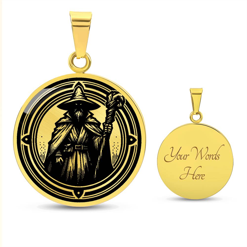 An Elegant gold pendant featuring a Fantasy Wizard Necklace in gold and black. This jewelry offers personalization with an engraving option for a name.