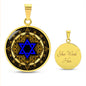 An Elegant gold pendant featuring a Vintage Design with a vivid blue Star of David Necklace, set against a gold and black backdrop. This jewelry offers personalization with an engraving option for a name.
