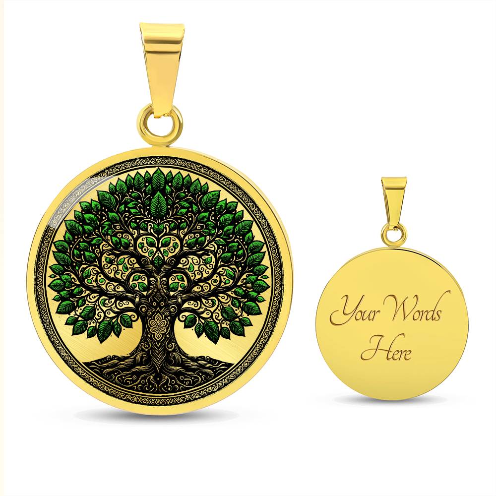 an Elegant gold pendant Celtic Tree of Life Necklace. Colors are black, real gold and Green Leaves. This jewelry offers personalization with an engraving option for a name.