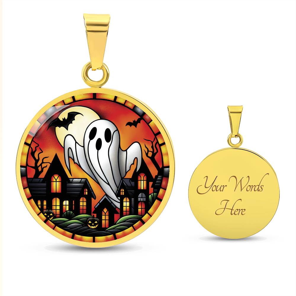 an elegant gold pendant Halloween Ghost Necklace. The colors are white, black, yellow, orange and green. This jewelry offers personalization with an engraving option for a name.