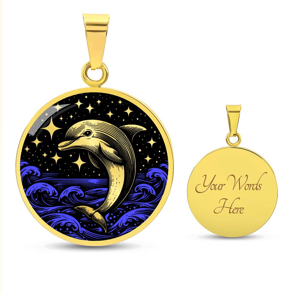 an Elegant gold pendant featuring a vivid gold Dolphin Necklace with a Stars and Ocean Waves set against a gold and black backdrop. This jewelry offers personalization with an engraving option for a name.