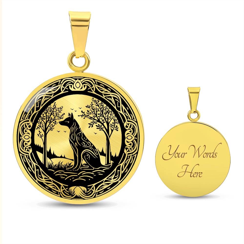 Elegant gold pendant Celtic Wolf necklace With a Gold and Black background. This jewelry offers personalization with an engraving option for a name.