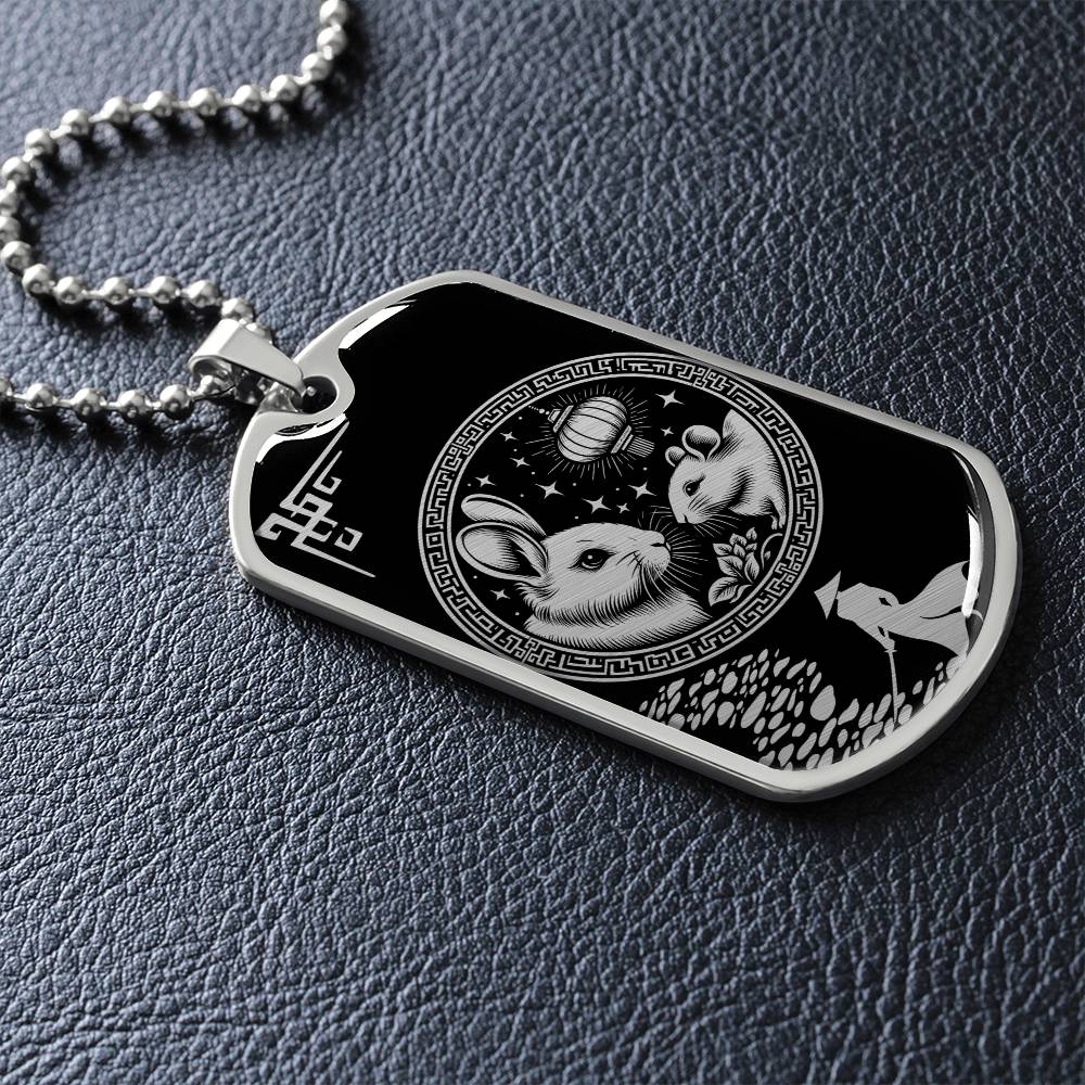 an elegant Silver pendant Rat and Year of The Rabbit Necklace. Colors are silver and black. This jewelry offers personalization with an engraving option for a name.