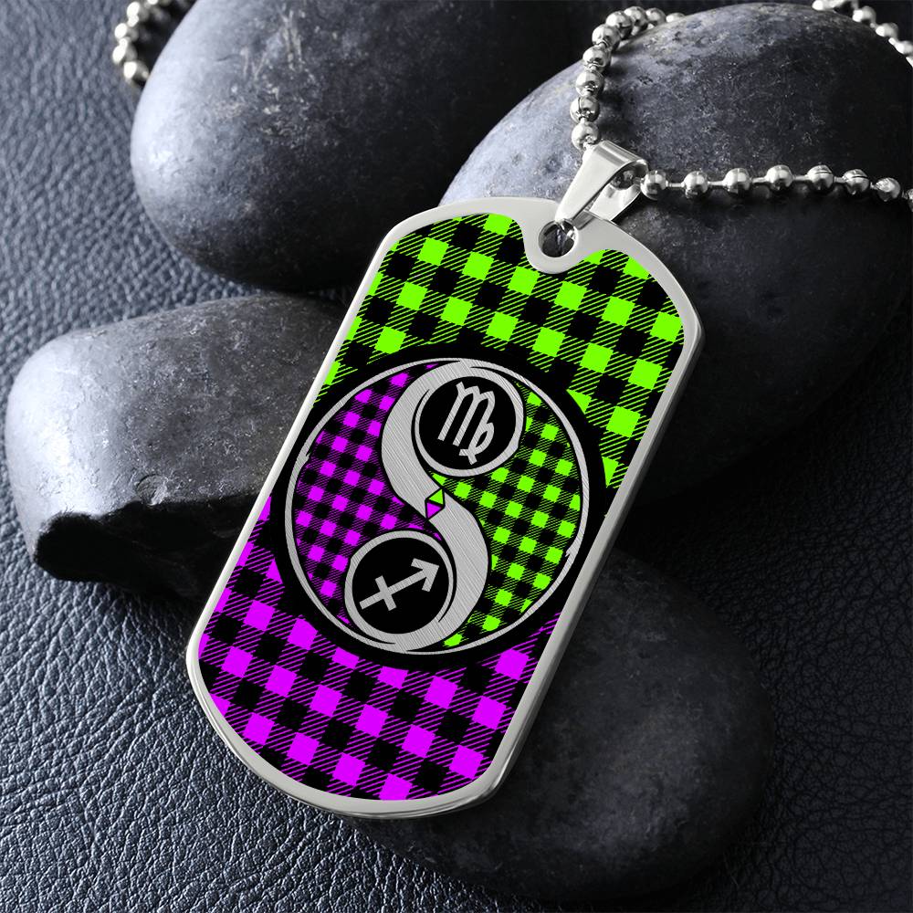 an elegant silver Dogtag pendant Zodiac Necklace. This jewelry offers personalization with an engraving option for a name.