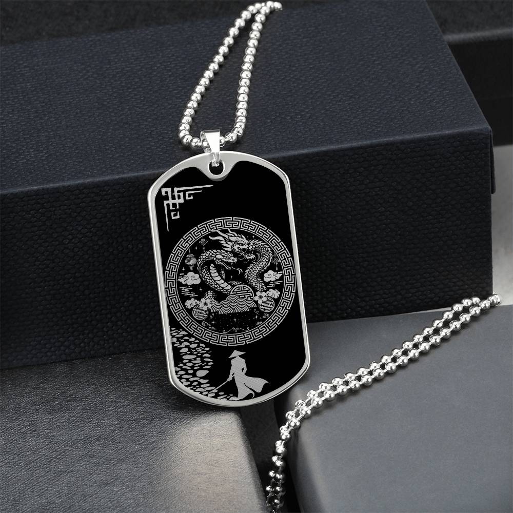Gift box with an elegant Silver pendant Snake and Year of The Dragon Necklace. Colors are silver and black. This jewelry offers personalization with an engraving option for a name.