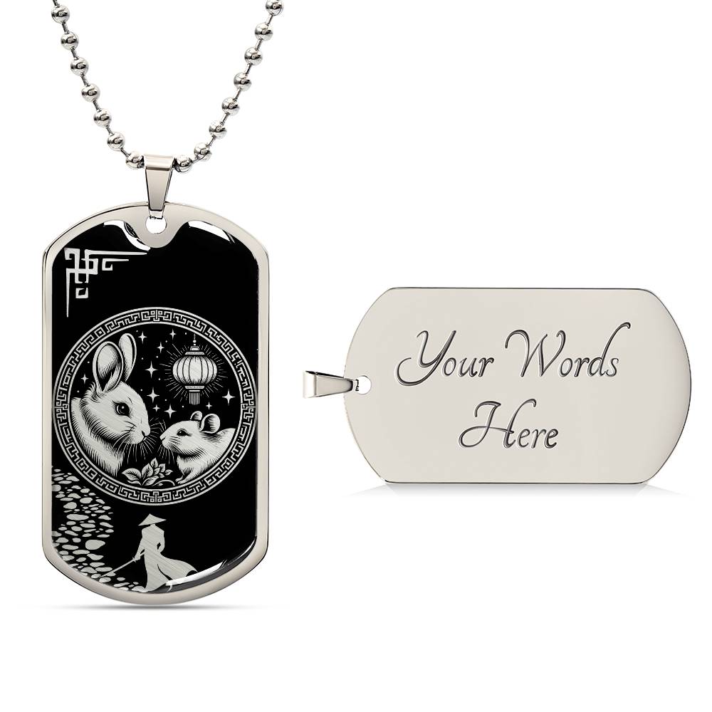 an elegant Silver pendant Rat and Year of The Rabbit Necklace. Colors are silver and black. This jewelry offers personalization with an engraving option for a name.