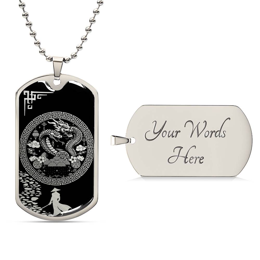 an elegant Silver pendant Snake and Year of The Dragon Necklace. Colors are silver and black. This jewelry offers personalization with an engraving option for a name.