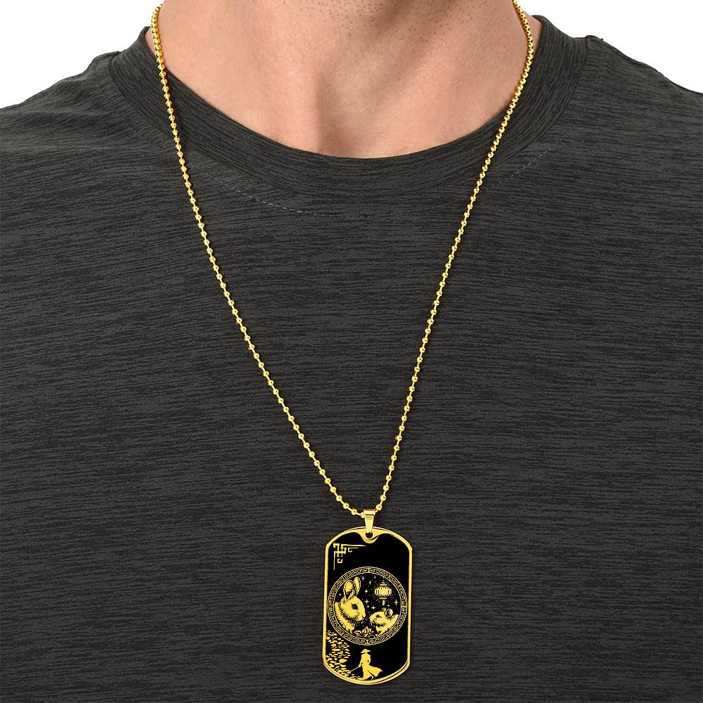 Man wearing an elegant gold pendant Rat and Year of The Rabbit Necklace. Colors are real gold and black. This jewelry offers personalization with an engraving option for a name.