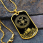 an elegant gold pendant Viking Necklace. Colors are gold and black. This jewelry offers personalization with an engraving option for a name.