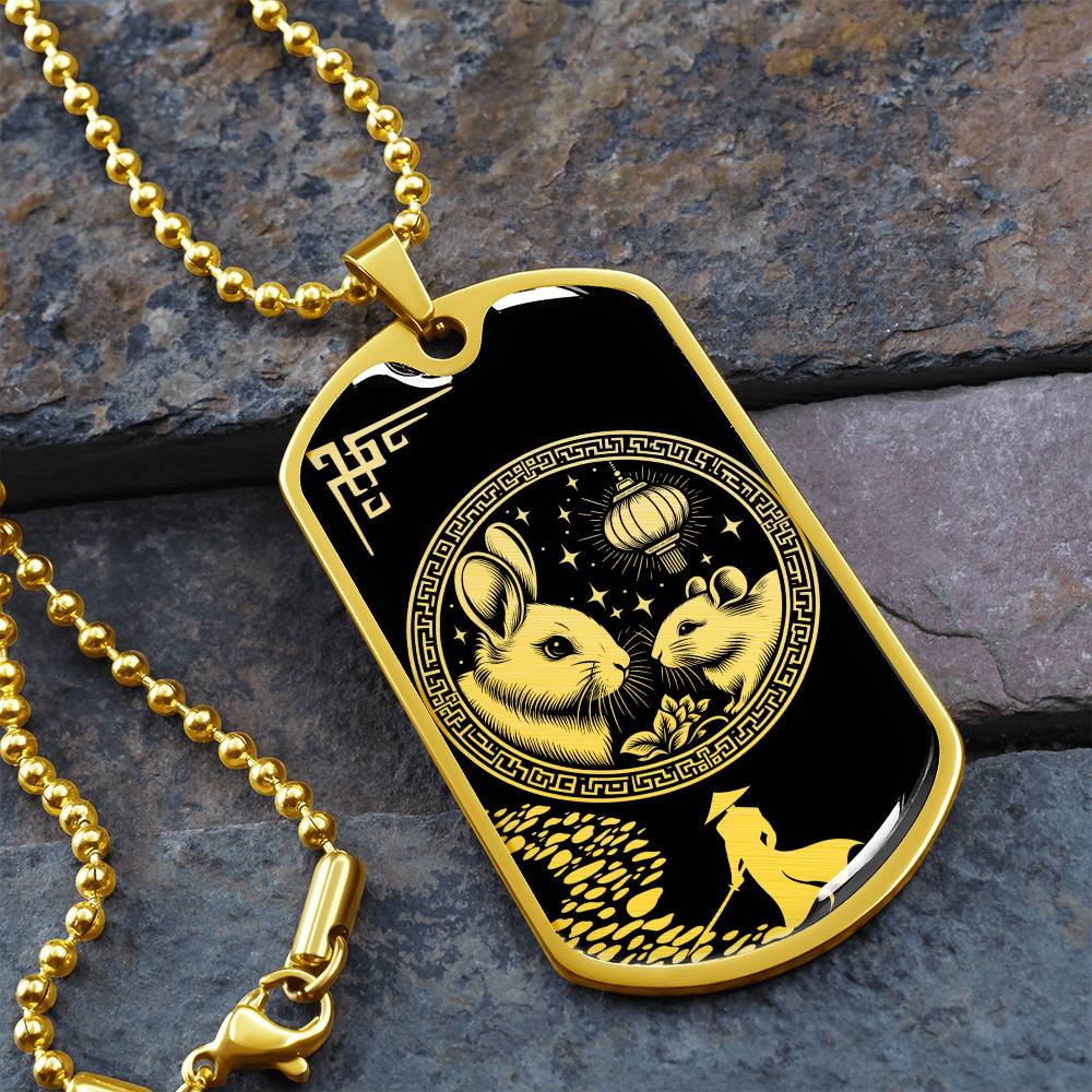 an elegant gold pendant Rat and Year of The Rabbit Necklace. Colors are real gold and black. This jewelry offers personalization with an engraving option for a name.