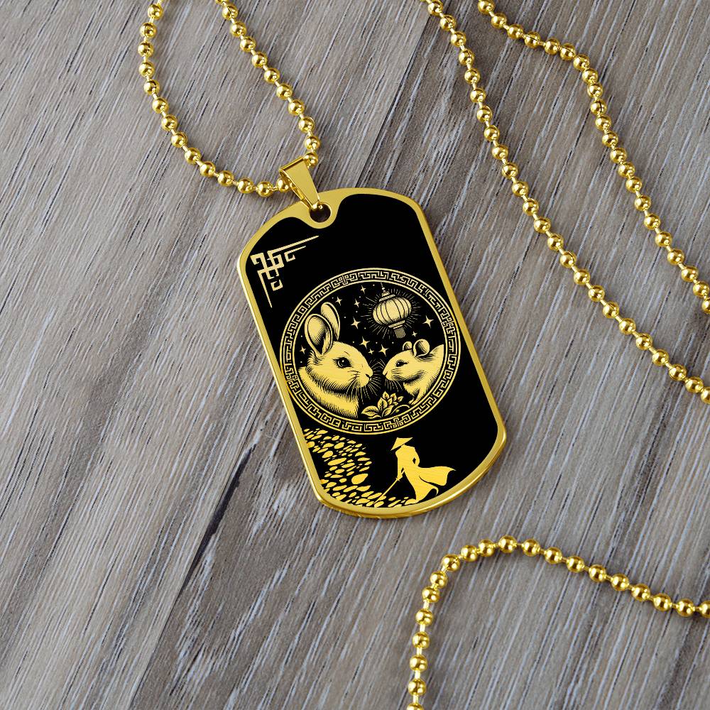 an elegant gold pendant Rat and Year of The Rabbit Necklace. Colors are real gold and black. This jewelry offers personalization with an engraving option for a name.
