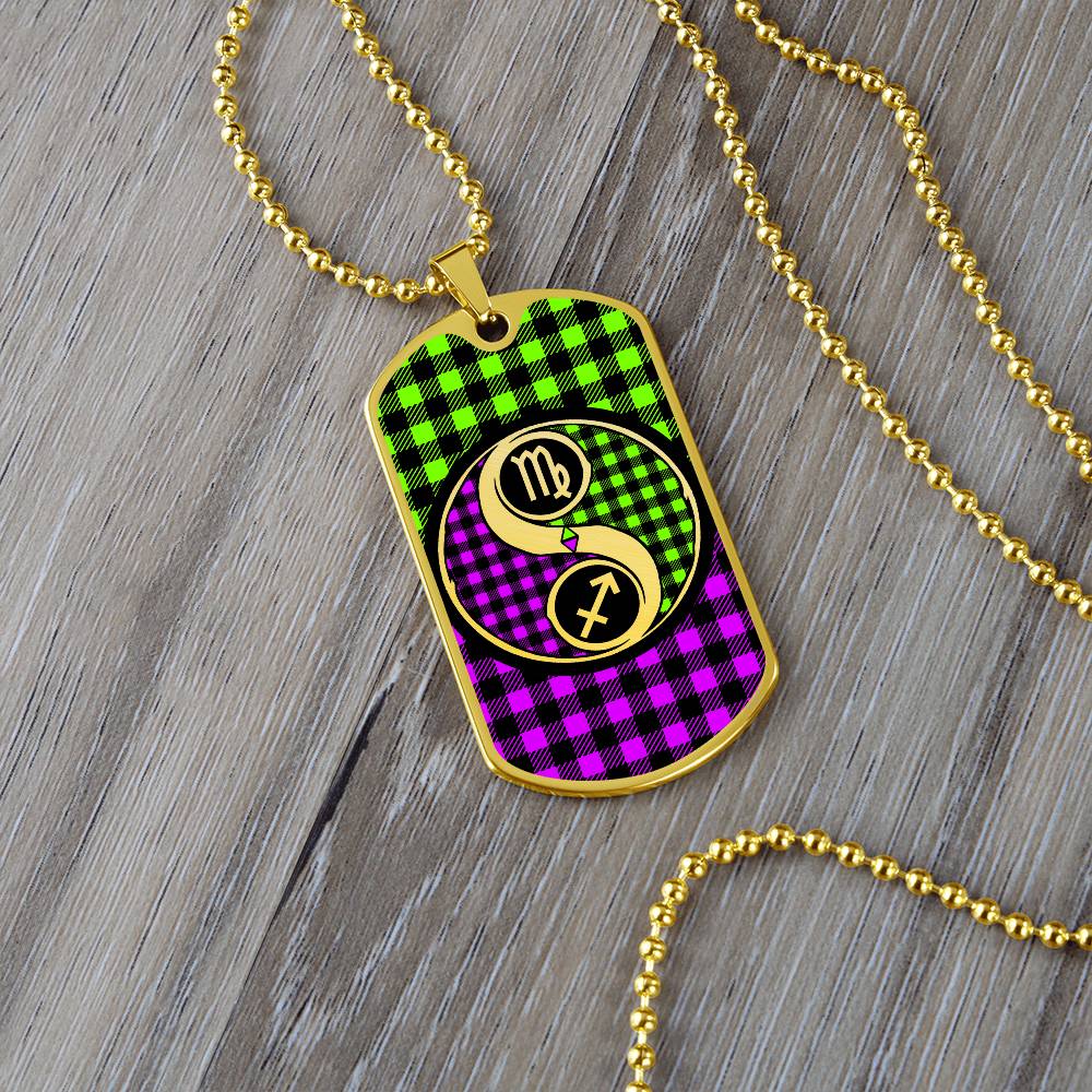 an elegant gold Dogtag pendant Zodiac Necklace. This jewelry offers personalization with an engraving option for a name.