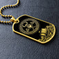 an elegant gold pendant Viking Necklace. Colors are gold and black. This jewelry offers personalization with an engraving option for a name.