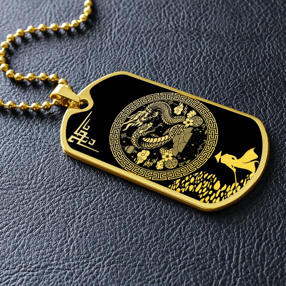 an elegant gold pendant Snake and Year of The Dragon Necklace. Colors are gold and black. This jewelry offers personalization with an engraving option for a name.