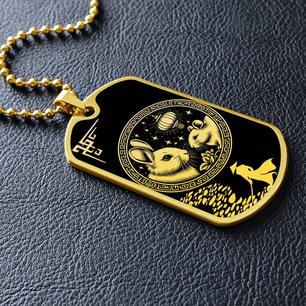 an elegant gold pendant Rat and Year of The Rabbit Necklace. Colors are real gold and black. This jewelry offers personalization with an engraving option for a name.