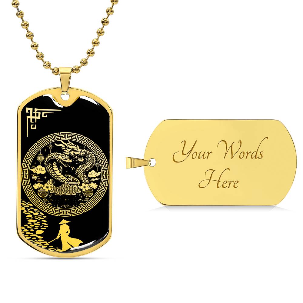 an elegant gold pendant Snake and Year of The Dragon Necklace. Colors are gold and black. This jewelry offers personalization with an engraving option for a name.