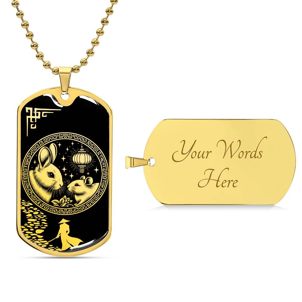 an elegant gold pendant Rat and Year of The Rabbit Necklace. Colors are real gold and black. This jewelry offers personalization with an engraving option for a name.