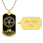 an elegant gold pendant Viking Necklace. Colors are gold and black. This jewelry offers personalization with an engraving option for a name.