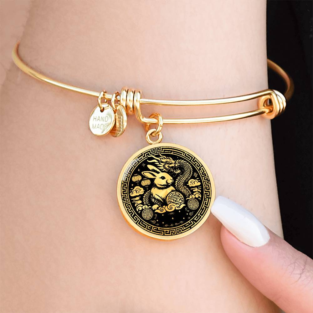 Year of The Dragon Bracelet, Rabbit Pendant Gold Bangle, Lunar New Year Chinese Zodiac animals Jewelry Gift For Her, Bunny Engraved Bracelet