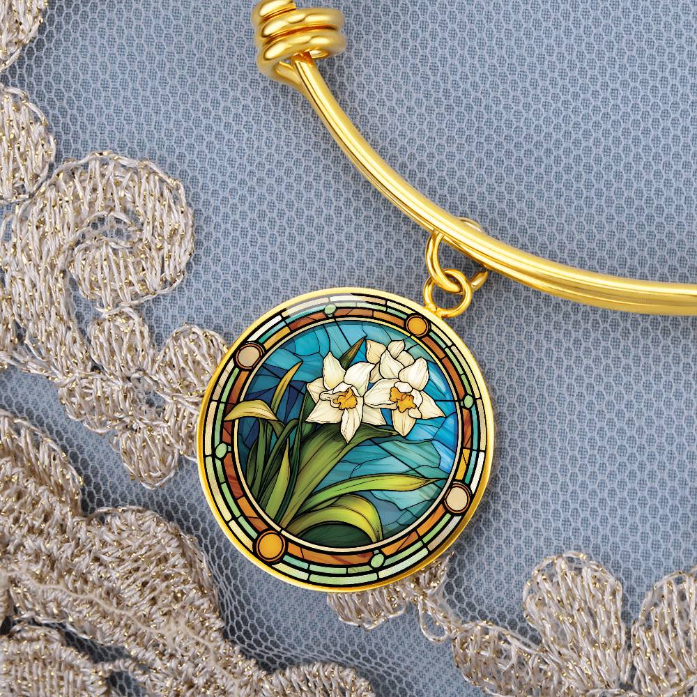 Narcissus Bracelet, Personalized December Birth Month Flower Jewelry, Engraved Floral Charm Pendant Valentines & Mothers Day Gift For Her