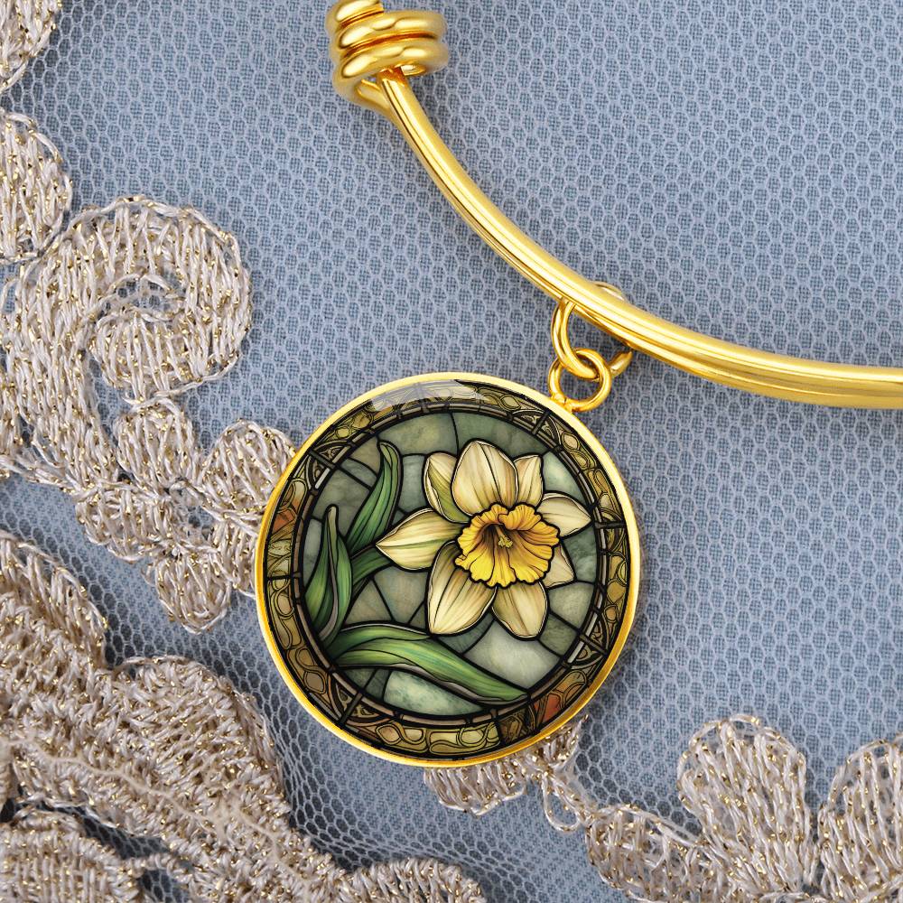Daffodil Bracelet, Personalized March Birth Month Flower Jewelry, Birthflower Charm Pendant, Engraved Floral Valentines & Mothers Day Gift