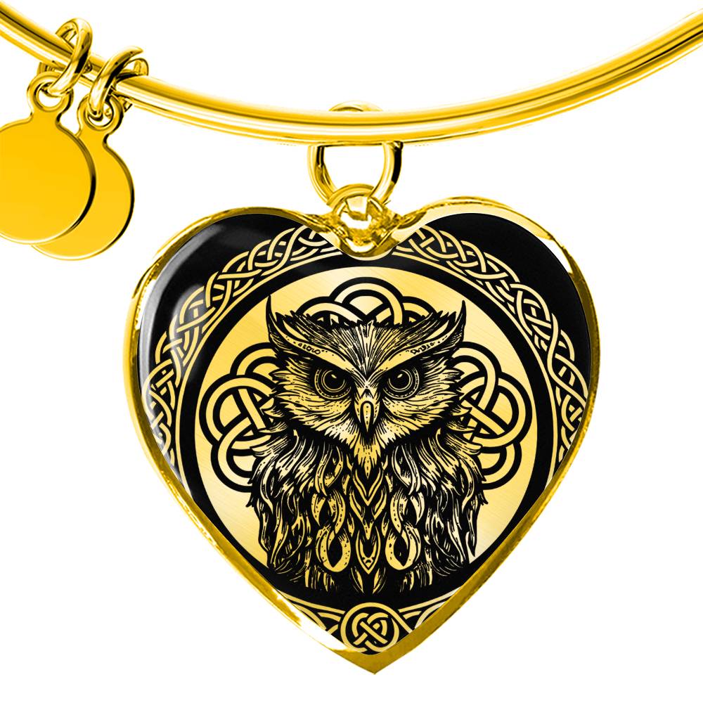 an elegant gold pendant Celtic Owl Bracelet. Colors are gold and black. This jewelry offers personalization with an engraving option for a name.
