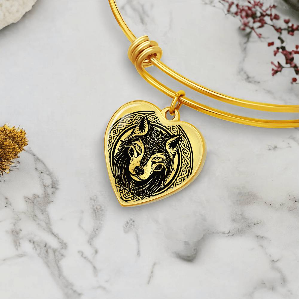 Silver Wolf Pendant Charm Bracelet, Celtic Jewelry Gold Bangle, Spirit Animal Fenrir Norse Jewelry Gift For Her, Celtic Knot Viking Bracelet