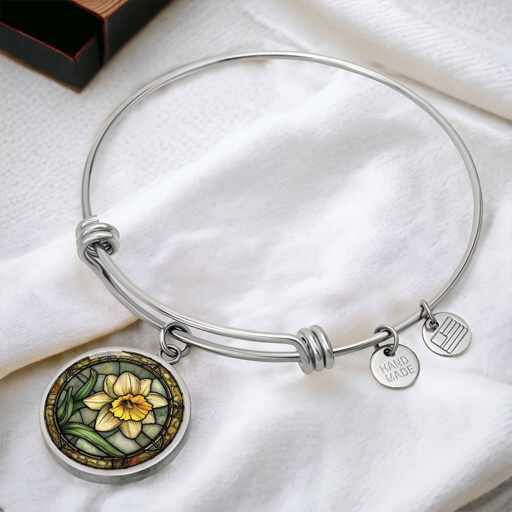 Daffodil Bracelet, Personalized March Birth Month Flower Jewelry, Birthflower Charm Pendant, Engraved Floral Valentines & Mothers Day Gift