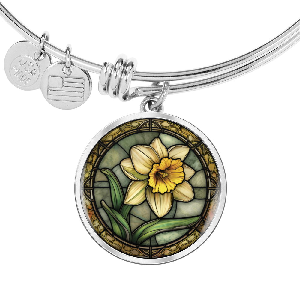 Daffodil Bracelet, Personalized March Birth Month Flower Jewelry, Birthflower Charm Pendant, Engraved Floral Valentines & Mothers Day Gift