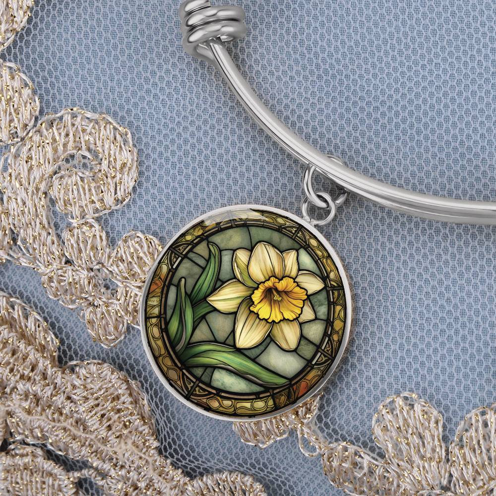 Daffodil Bracelet, Personalized March Birth Month Flower Jewelry, Birthflower Charm Pendant, Engraved Floral Valentines & Mothers Day Gift