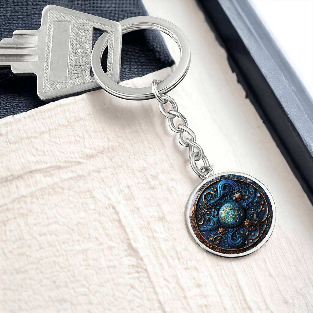 Elegant silver Wizard Spell Celestial Pendant Personalized Keychain, set against a space blue and gold backdrop. This jewelry offers personalization with an engraving option for a name.