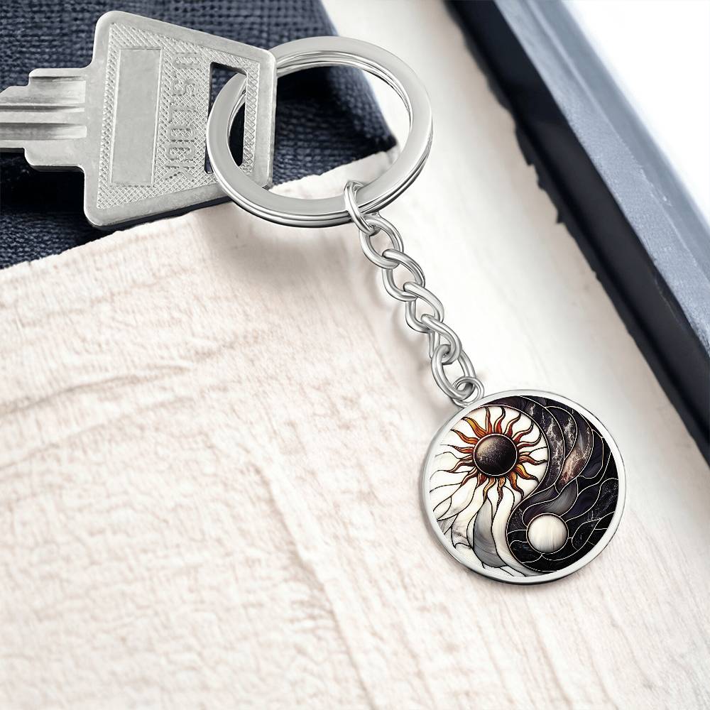 Sun and Moon Keychain, Personalized Celestial Jewelry, 18K Gold Yin and Yang Charm Pendant, Harmony & Unity Space Gift For Her or Him