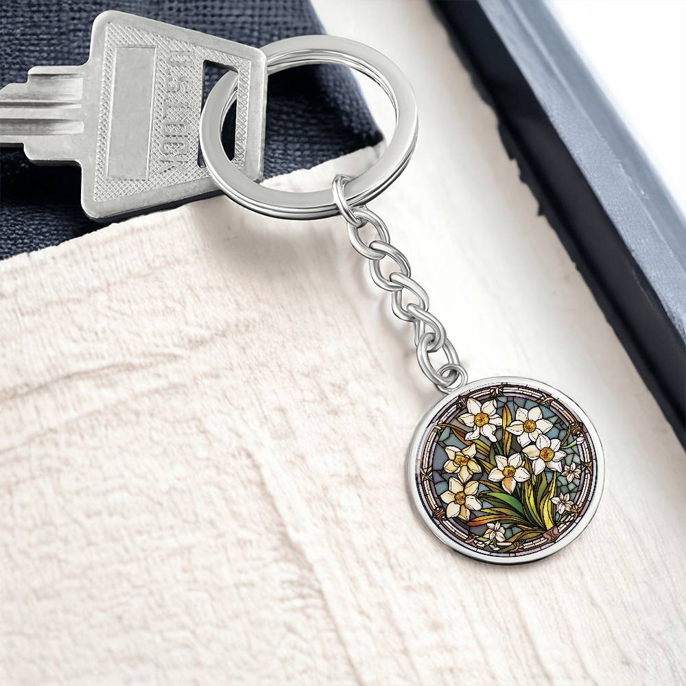 Jonquil Keychain, Personalized March Birth Month Flower Jewelry, Engraved Gold Floral Charm Pendant Valentines & Mothers Day Gift For Her