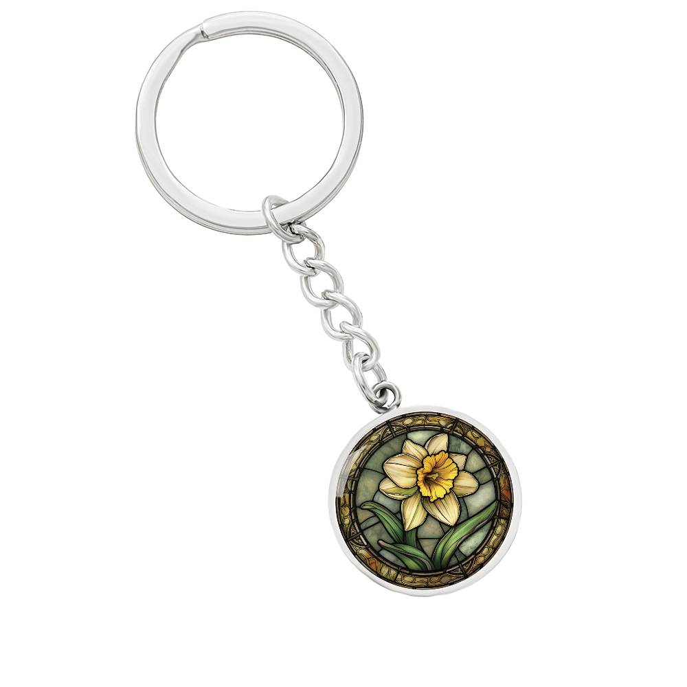 Daffodil Keychain, Personalized March Birth Month Flower Jewelry, Engraved Floral Charm Pendant Valentines & Mothers Day Gift For Her