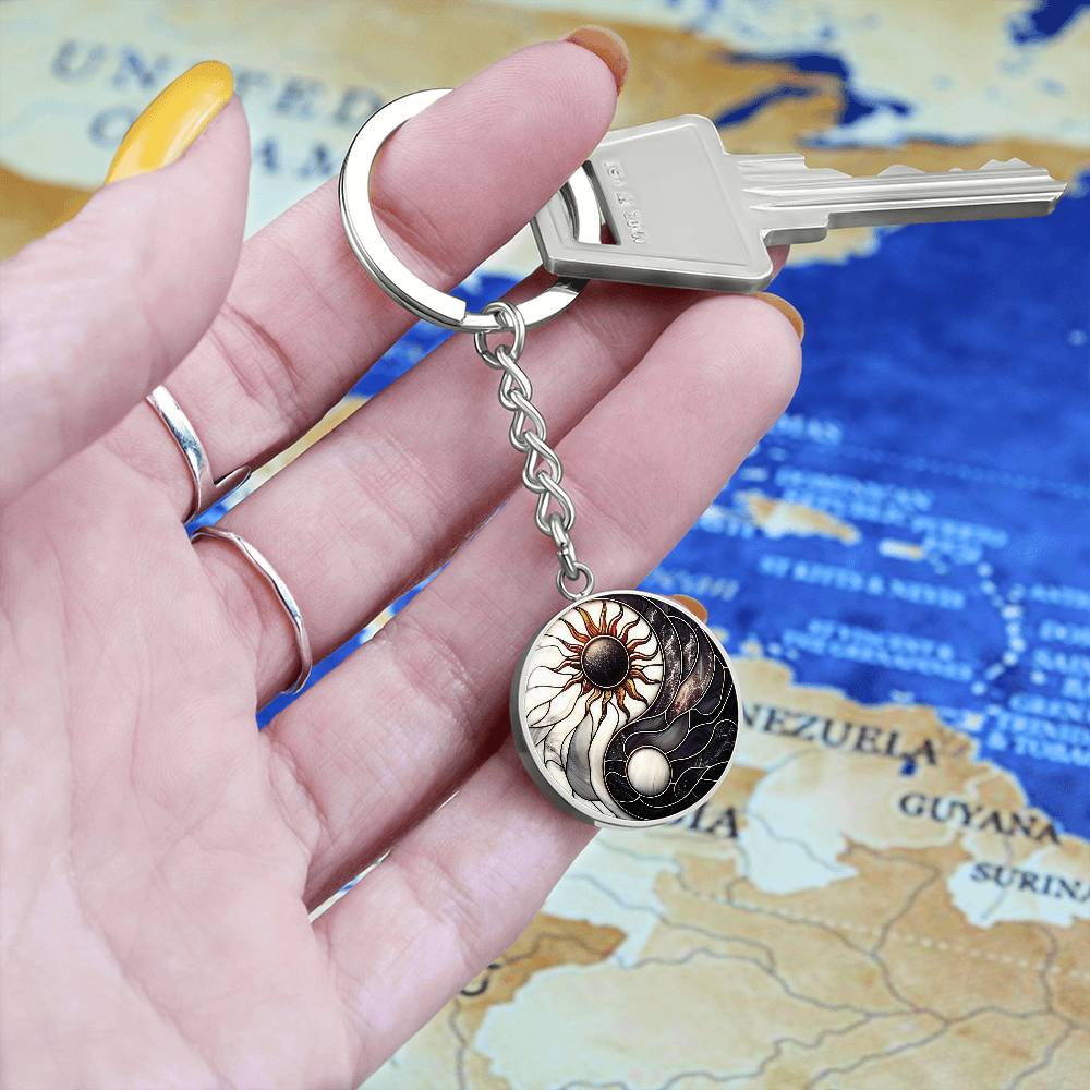 Sun and Moon Keychain, Personalized Celestial Jewelry, 18K Gold Yin and Yang Charm Pendant, Harmony & Unity Space Gift For Her or Him