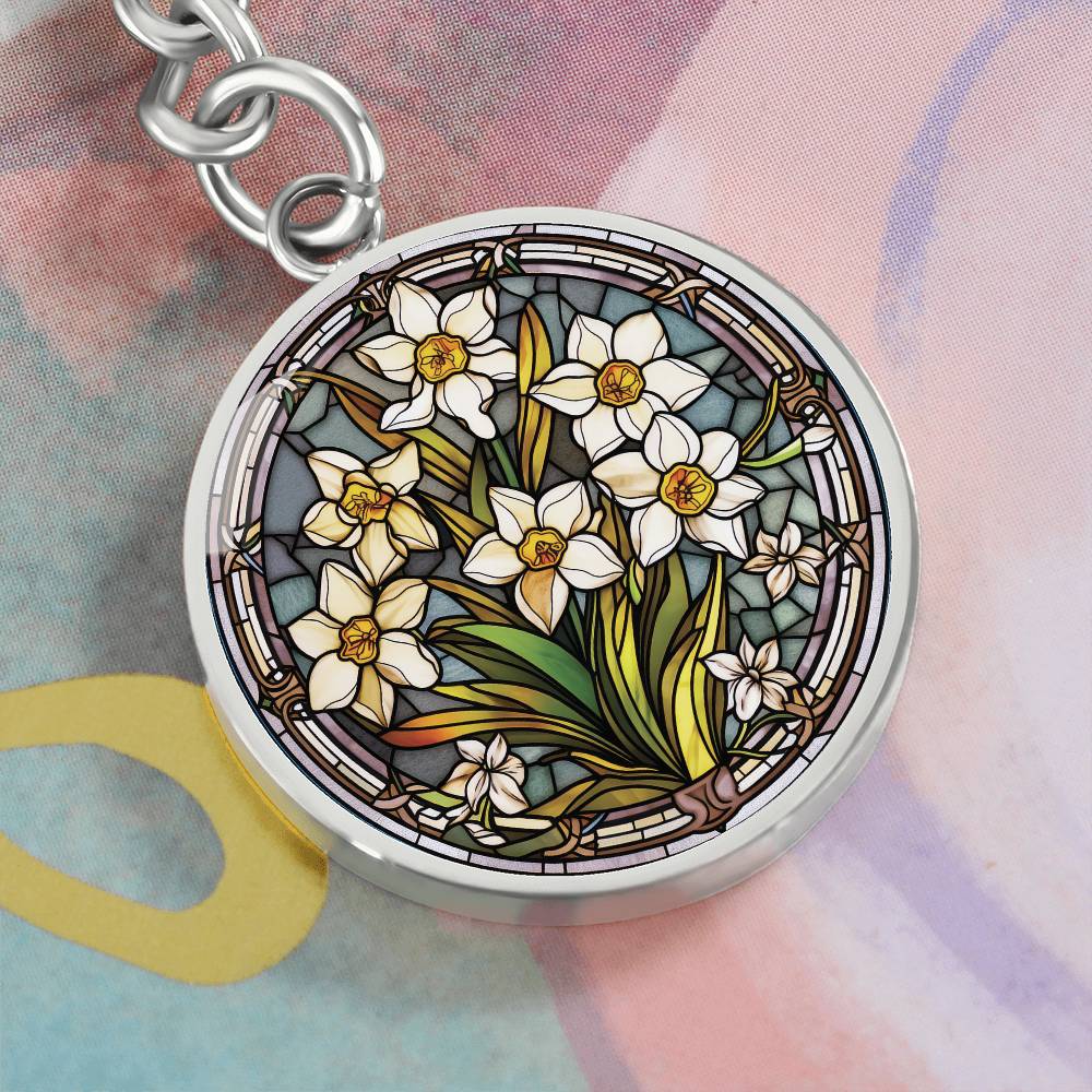 Jonquil Keychain, Personalized March Birth Month Flower Jewelry, Engraved Gold Floral Charm Pendant Valentines & Mothers Day Gift For Her