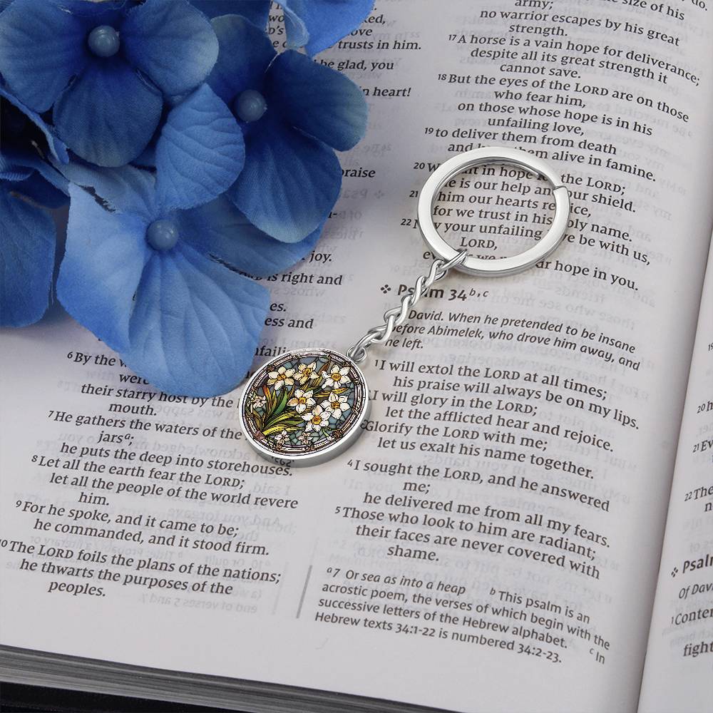 Jonquil Keychain, Personalized March Birth Month Flower Jewelry, Engraved Gold Floral Charm Pendant Valentines & Mothers Day Gift For Her