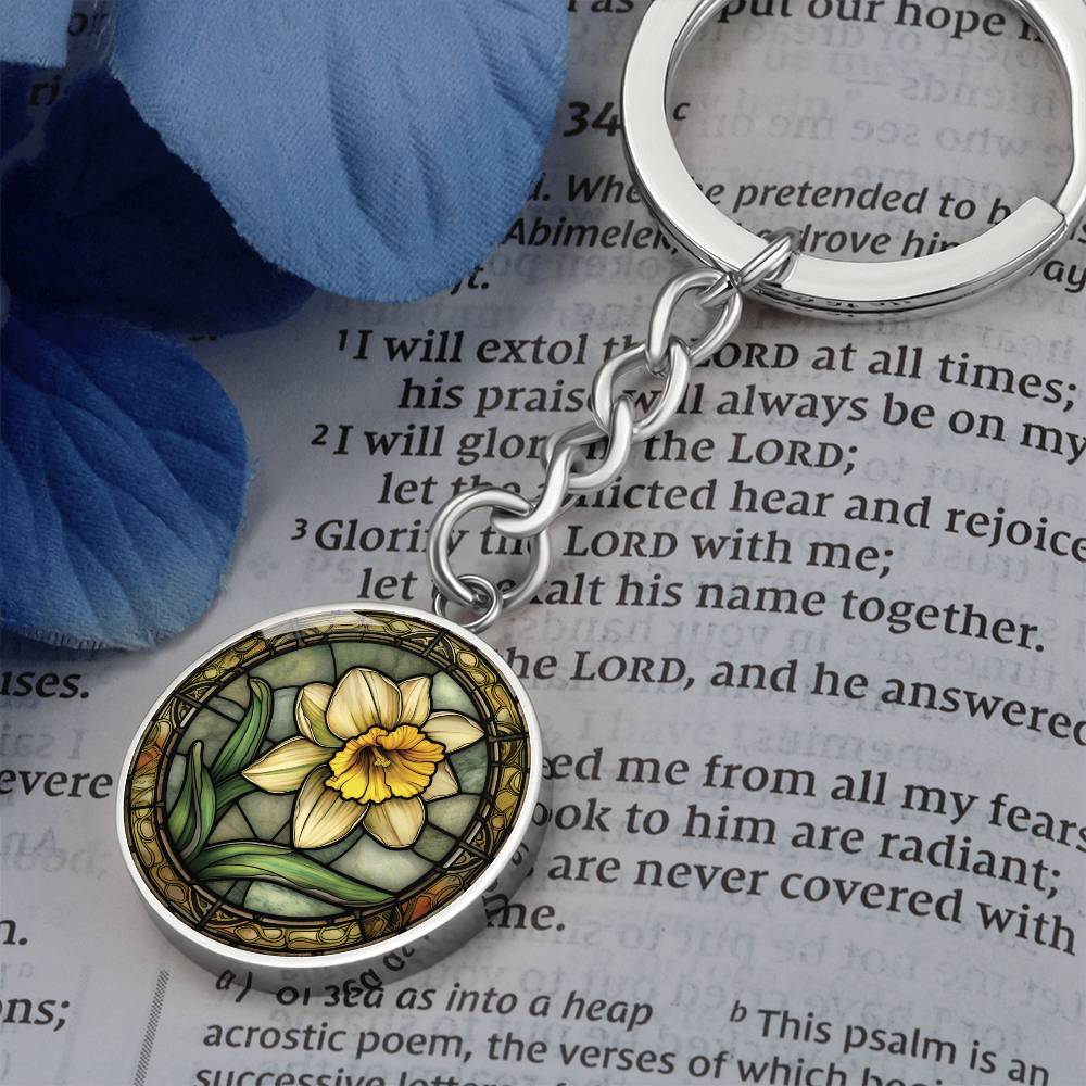 Daffodil Keychain, Personalized March Birth Month Flower Jewelry, Engraved Floral Charm Pendant Valentines & Mothers Day Gift For Her